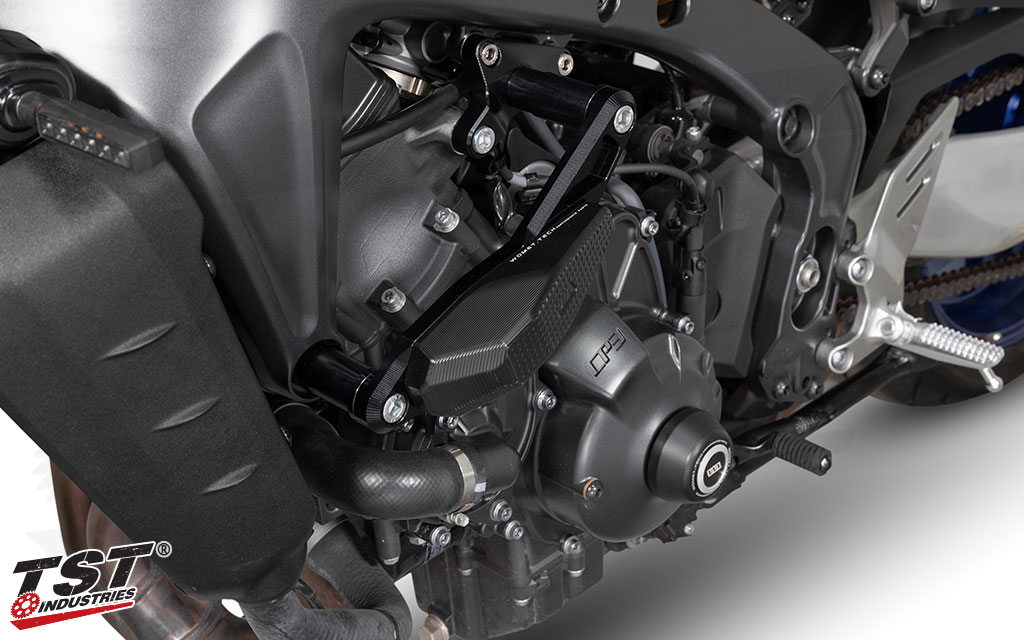 CNC machined and black anodized aluminum ensure added crash protection and style for your MT-09.