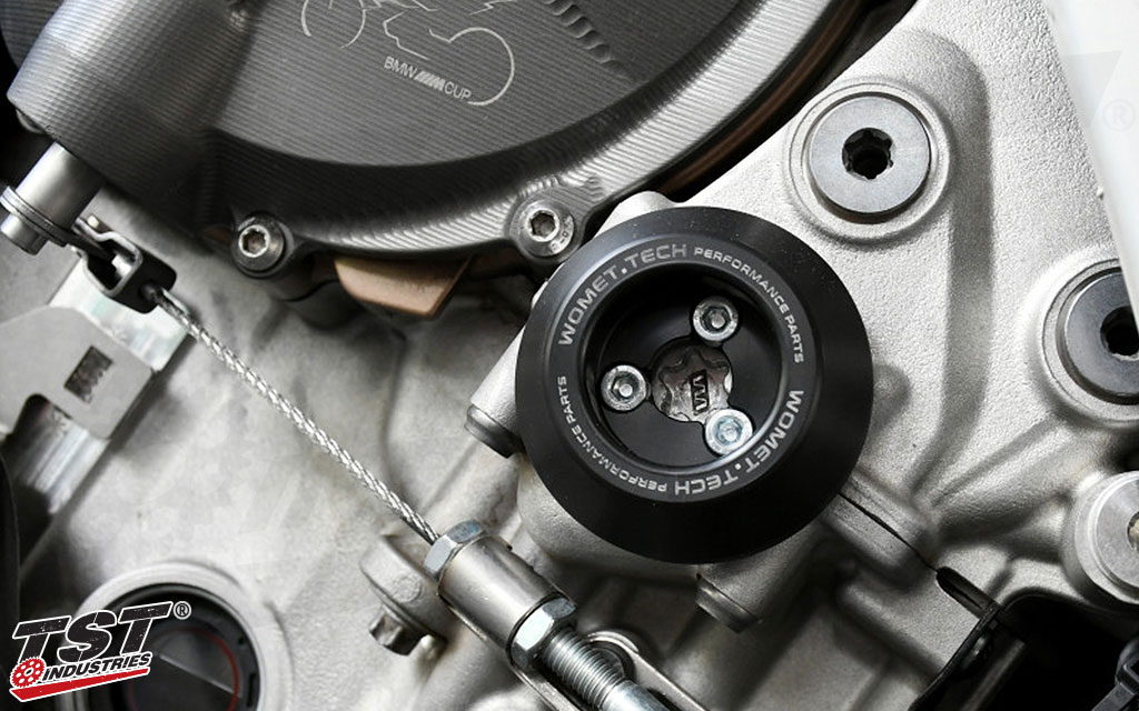 Womet-Tech's right-Side timing cover engine slider installed on the BMW S1000RR.