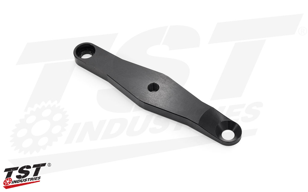 CNC machined aluminum bracket and hardware features a durable black anodized finish.