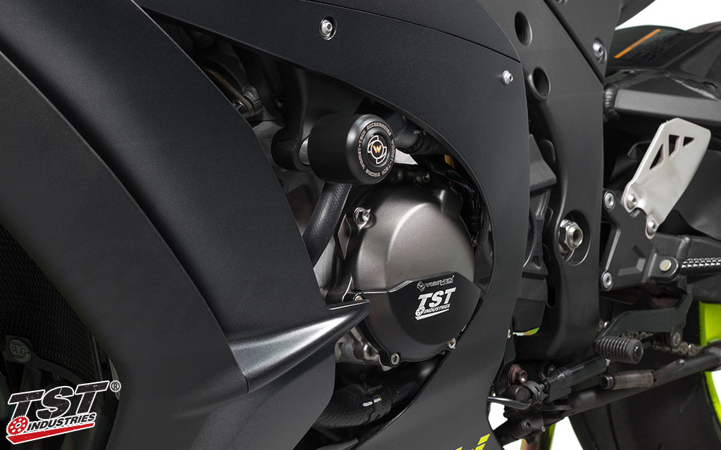 Womet-Tech Frame Sliders for the Kawasaki ZX-10R. (Shown with Womet-Tech Engine Case Protectors)