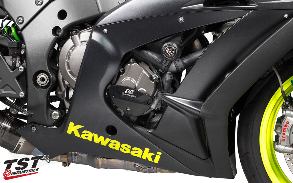 Protect your Kawasaki ZX-10R with robust Frame Sliders from Womet-Tech. (Shown with Womet-Tech Engine Case Protectors)