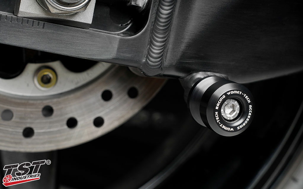 Spools install easily on the swingarm to provide an easy lift point with properly outfitted rear paddock stands.