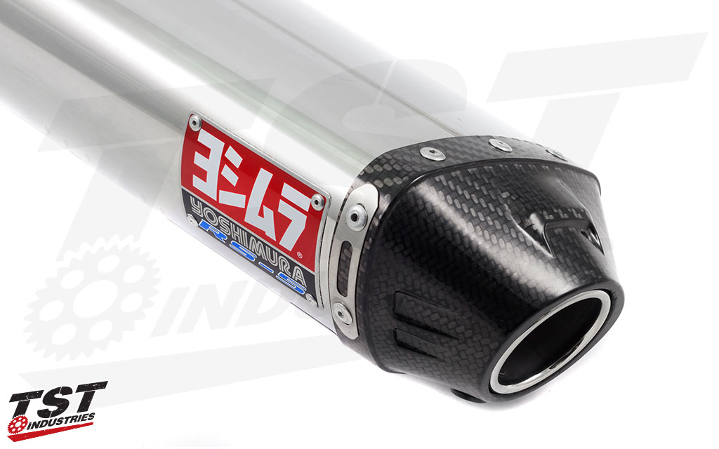 Yoshimura RS-5 Street Slip-on featuring a Stainless Steel canister and carbon fiber exhaust tip.
