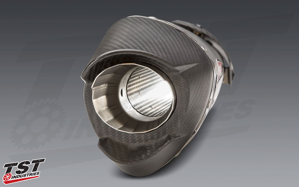The Yoshimura AT2 features a stainless steel canister with a Yoshimura Works finish and carbon fiber end cap.