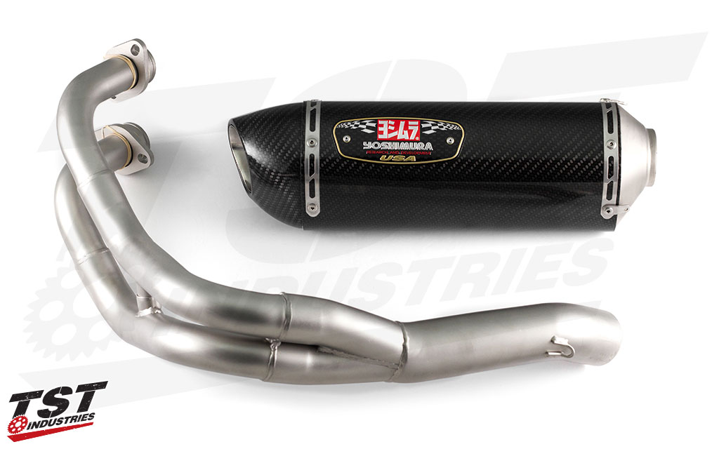 Yoshimura Race Series R-77 Full Exhaust System with Works Finish for the Yamaha FZ-07 / MT-07 / XSR700. (Carbon Fiber canister shown)