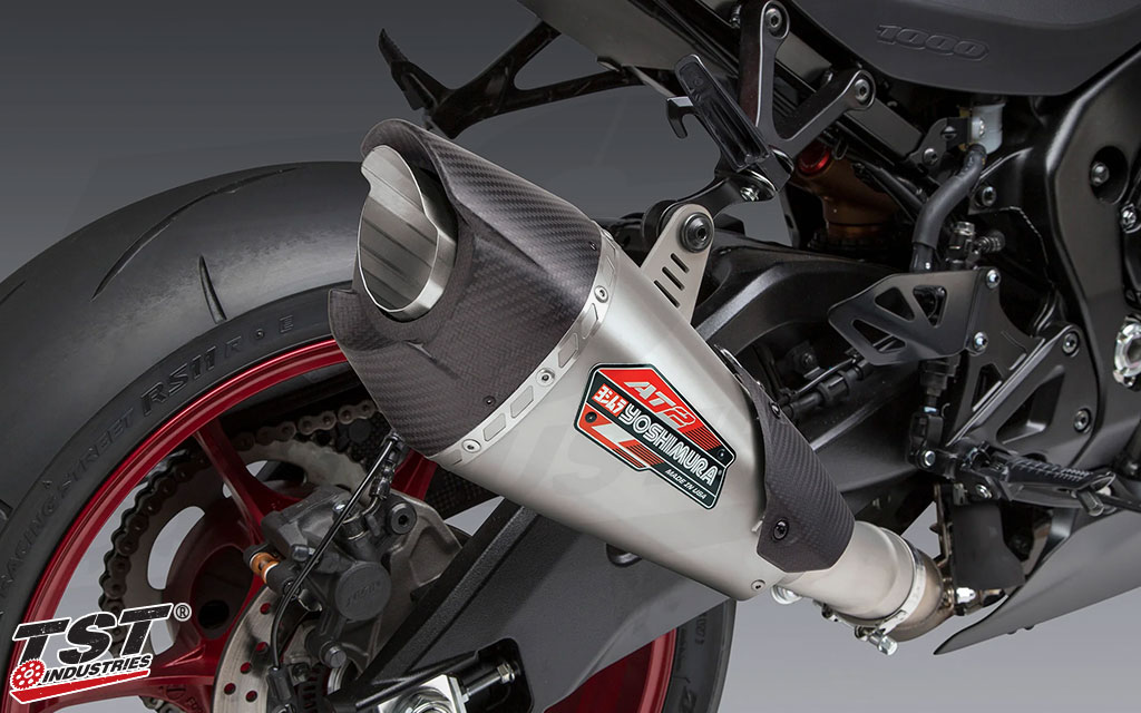 Yoshimura's AT2 canister features a carbon fiber tip and aggressive styling.