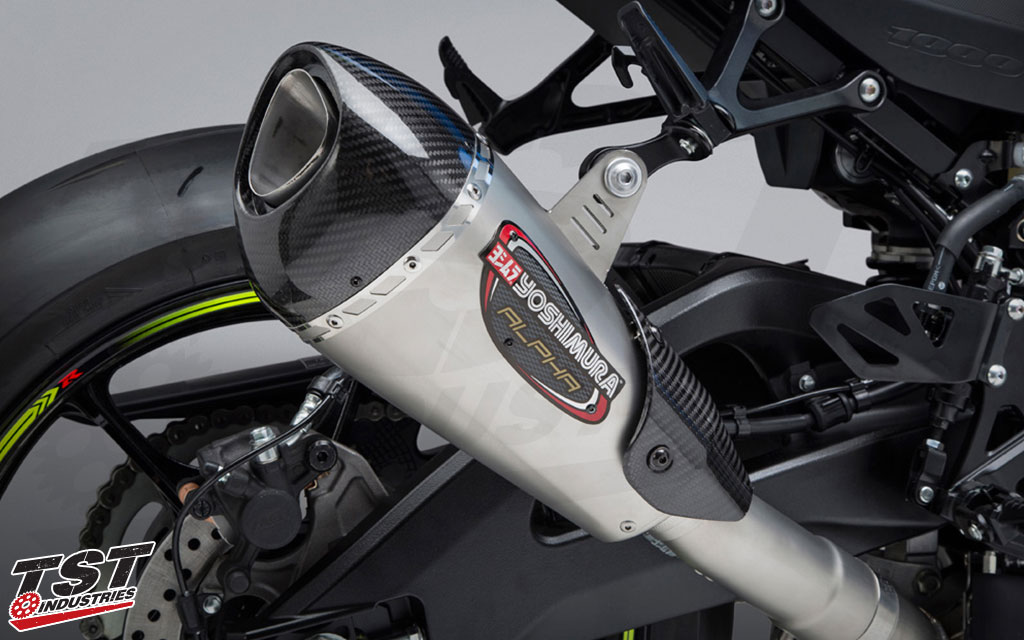 Yoshimura's Street Alpha T features a carbon fiber tip and brushed stainless steel Works finish canister. 