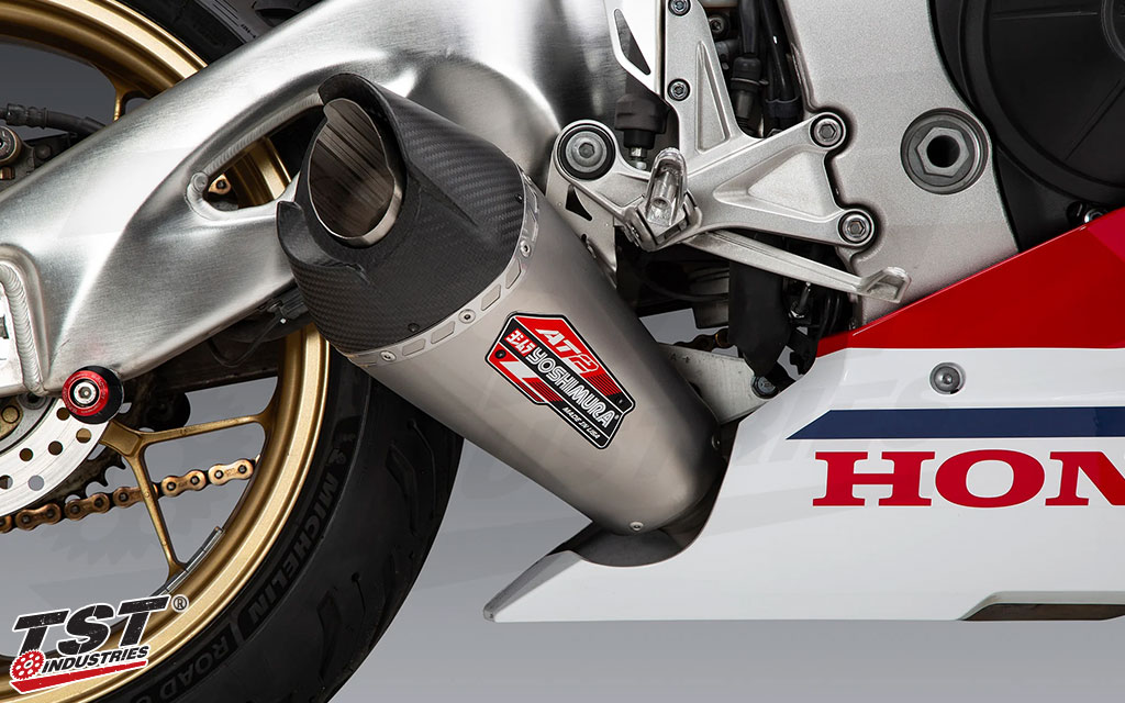 Yoshimura's AT2 Slip-On Exhasut for the Honda CBR1000RR features an aggressively styled canister.