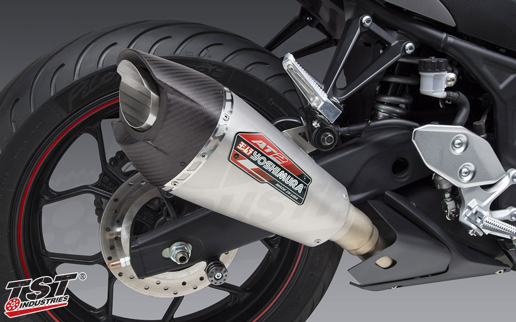 The Yoshimura AT-2 features an aggressively styled canister.