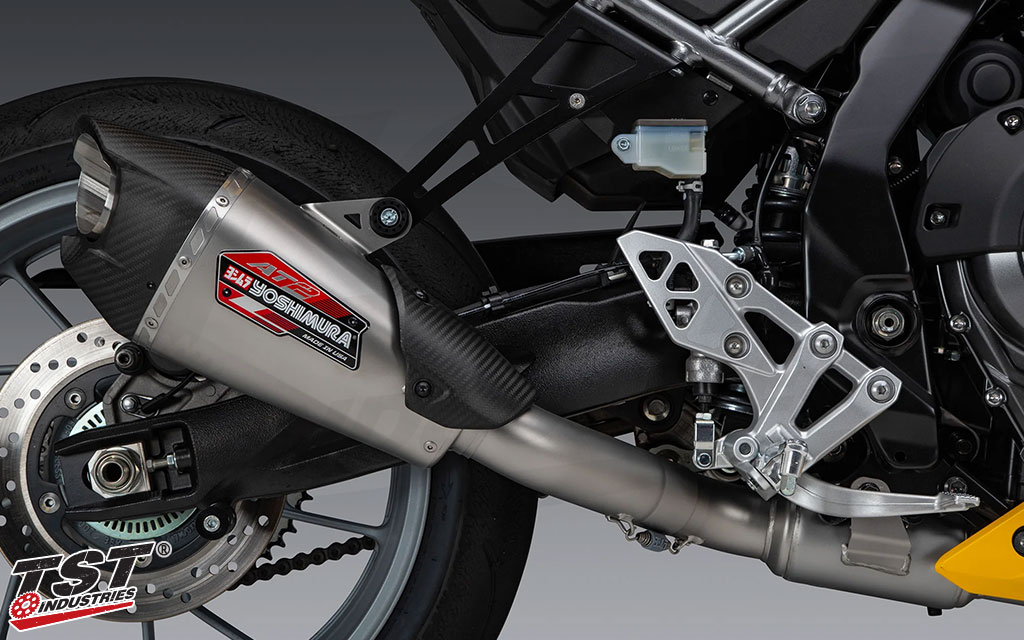 Yoshimura's Works finish provides a smooth matte finish to their race-grade stainless steel construction.