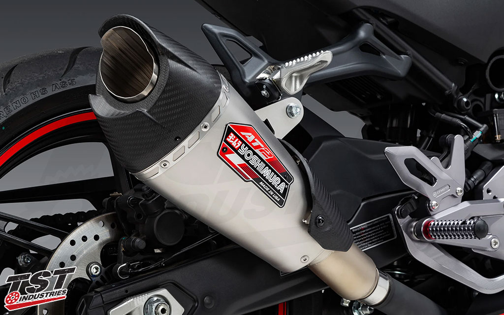 Yoshimura's AT2 Exhaust features their proprietary Works finish.