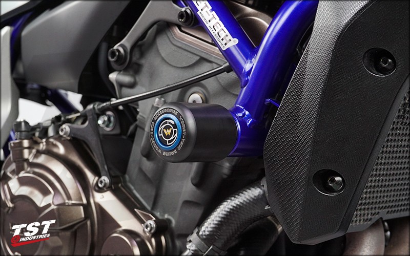 Womet-Tech Frame Sliders shown installed on a Yamaha MT-07.