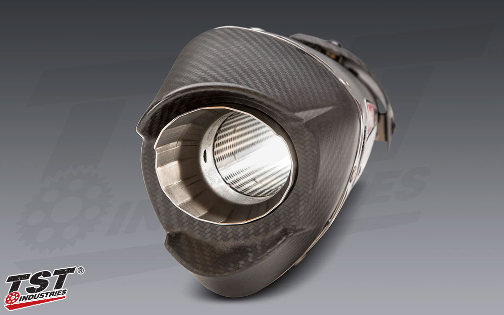 Features a carbon fiber exhaust cap.