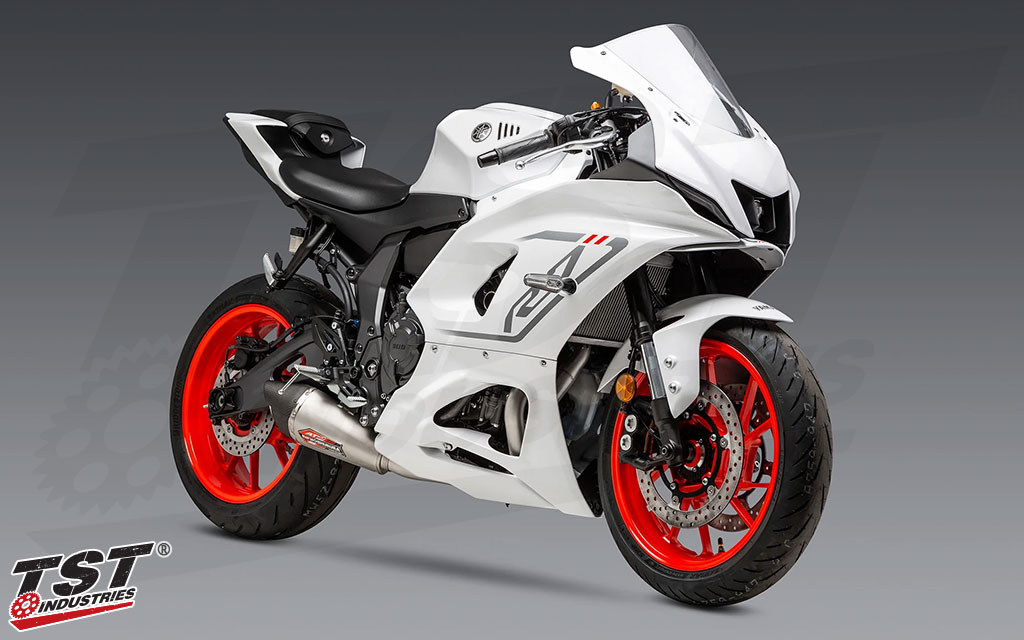 Low mounted canister tucks the exhaust system under the lower cowl for better protection.