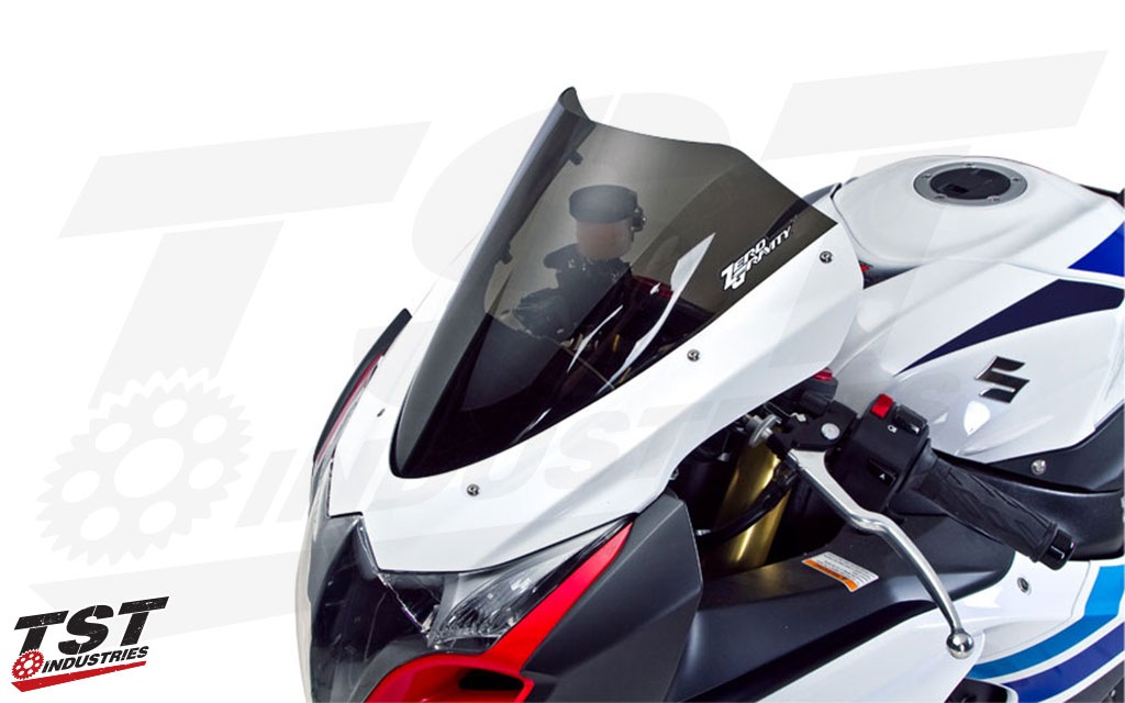 Zero Gravity Marc 1 Windscreen for the GSX-R1000. (Previous model year shown - mounting locations vary slightly)